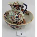 20th century Ironstone jug and bowl, Imari pattern, bowl 41cm x 14cm height. Jug 28cm height.