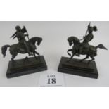 Pair of 19th century bronze figures of knights on horseback upon slate bases, 22cm height. Condition