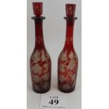 Pair 19th century ruby flashed glass decanters, grape and vine, 35cm height. Condition report: Chips