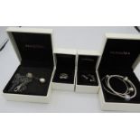 A collection of mainly Pandora jewellery to include three bracelets, a necklace with pearl pendant &