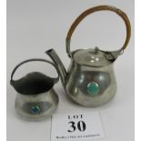 Arts and Crafts pewter teapot and sugar bowl, 'Connell', cheap side, 03993, A/F, teapot 23cm to