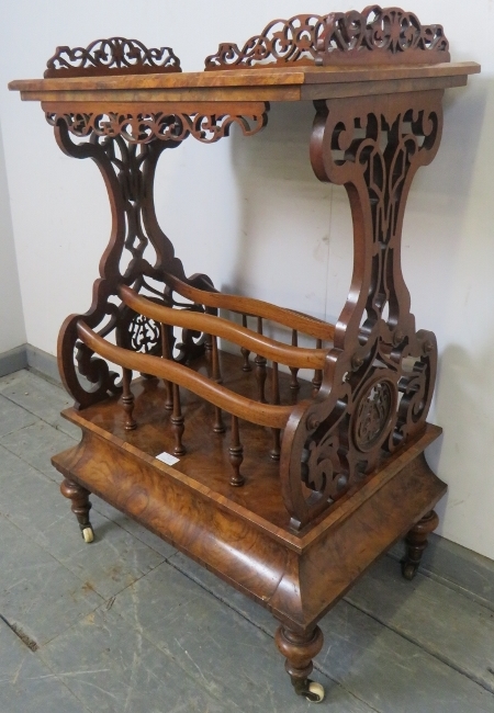 A Victorian burr walnut two-tier Canterbury whatnot, with carved and pierced ¾ gallery - Image 2 of 4
