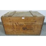 An antique wine crate stencilled ‘Vino Sacro Hicks & company of Plymouth’ with braided rope