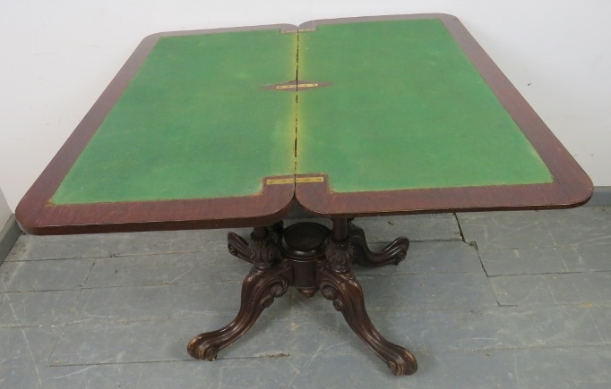 A Victorian oak and mahogany turnover card table, with green baize and two blind drawers under, over - Image 3 of 5