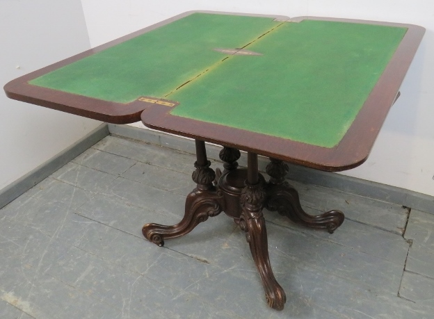 A Victorian oak and mahogany turnover card table, with green baize and two blind drawers under, over - Image 4 of 5