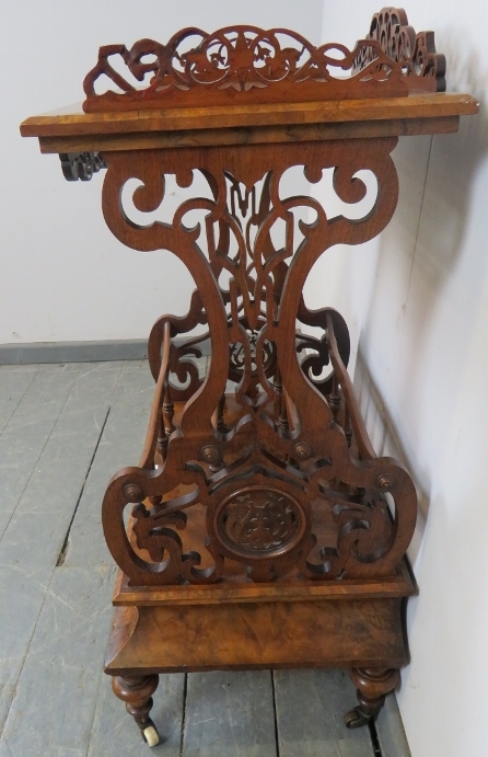 A Victorian burr walnut two-tier Canterbury whatnot, with carved and pierced ¾ gallery - Image 4 of 4