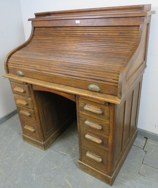 An Edwardian oak ‘S-type’ roll top desk, with ¾ gallery, the fitted interior housing an array of - Image 2 of 3