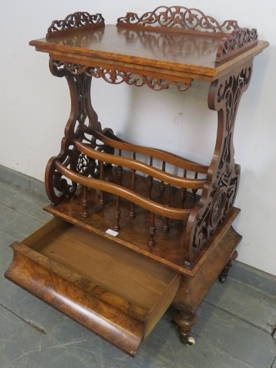 A Victorian burr walnut two-tier Canterbury whatnot, with carved and pierced ¾ gallery - Image 3 of 4
