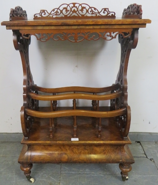 A Victorian burr walnut two-tier Canterbury whatnot, with carved and pierced ¾ gallery