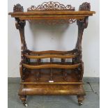 A Victorian burr walnut two-tier Canterbury whatnot, with carved and pierced ¾ gallery