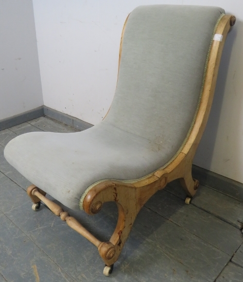 A Victorian beech slipper chair, upholstered in grey material with silver braiding, on scrolled - Image 2 of 3