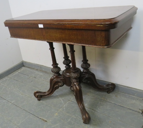 A Victorian oak and mahogany turnover card table, with green baize and two blind drawers under, over - Image 2 of 5