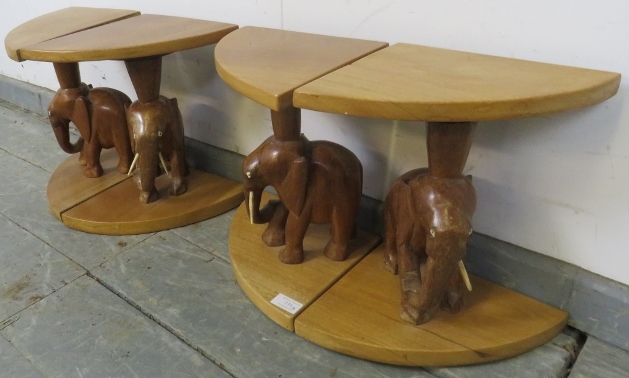 Four vintage teak nesting tables with carved bases in the form of elephants. H33cm W22cm D23cm ( - Image 2 of 3