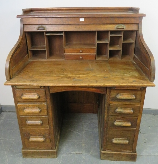 An Edwardian oak ‘S-type’ roll top desk, with ¾ gallery, the fitted interior housing an array of - Image 3 of 3