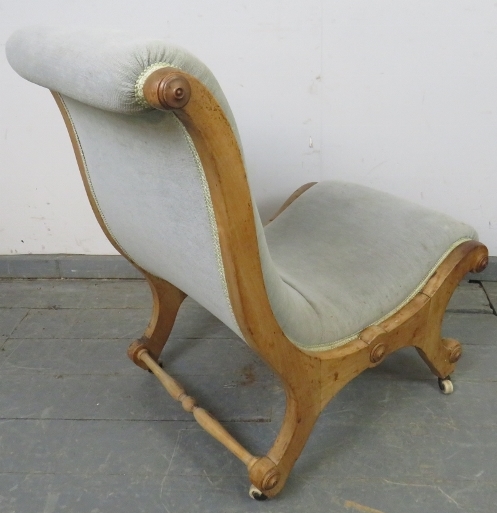 A Victorian beech slipper chair, upholstered in grey material with silver braiding, on scrolled - Image 3 of 3