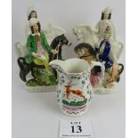 Pair of Staffordshire figures on horseback, Dick Turpin and Sutton, and hunting jug. The pair 33cm
