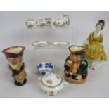 Doulton figure Coralie HN2307. 3 Doulton character jugs, Wedgewood part miniature bone china tea set