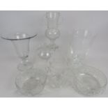 Oversized wine glass, 28cm height, etched vase, flared rim vase, 2 cut glass bowls, 2 jugs. (7).