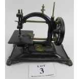 19th century platform Mino sewing machine, rectangular base, brass makers plaque, 28cm height x 30cm