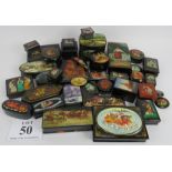 Collection of 36 Russian lacquer papier Mache boxes, hair slides, brooches, some signed. Provenance: