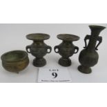 Four Japanese bronzes, pair of flared rim vases 11cm height. Single vase 15cm, all with bird and