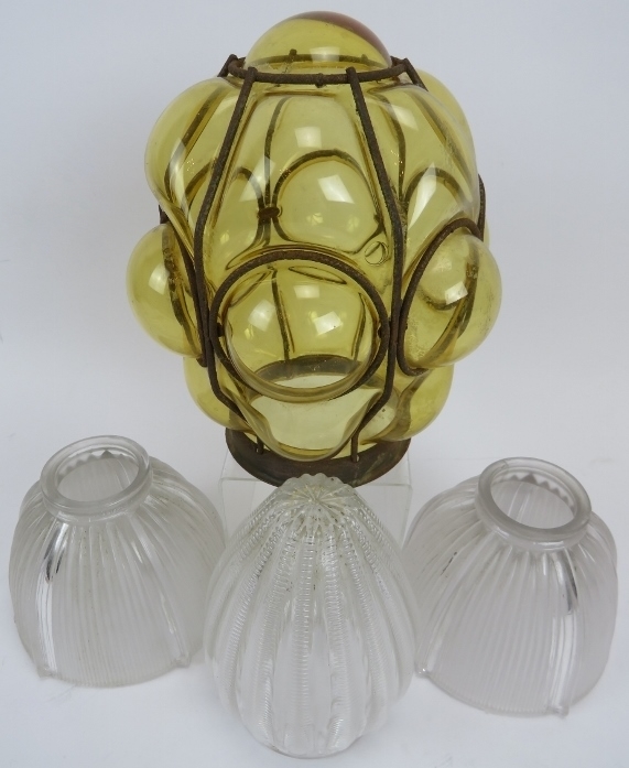 Lighting: Comprising an Italian amber coloured Seguso Murano pendant shade and three Holophane