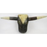 African carved wood cow head mask, painted. 16" height x 30" wide. Condition report: Rubbing,