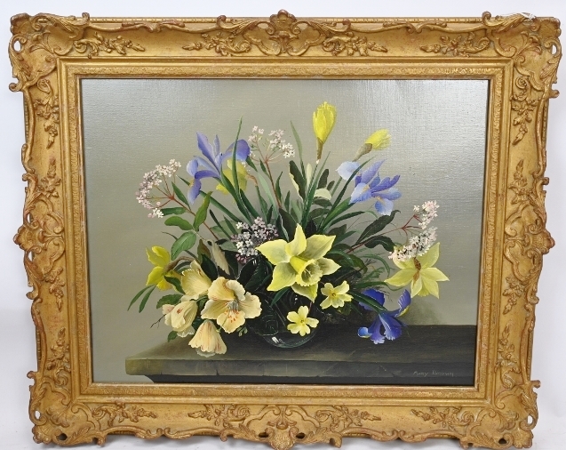 Mary Brown (20th century) - 'Still life vase of flowers on a ledge', oil on canvas, signed, 40cm x