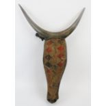 African animal mask, wood, metal and fabric head. 32" height x 23" wide. Condition report: Broken