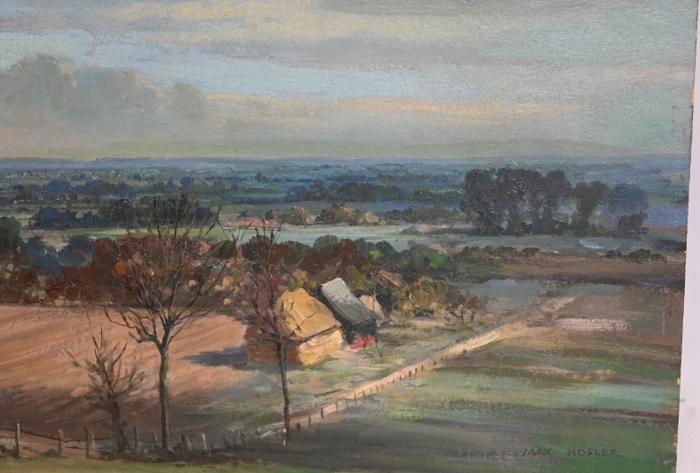 Max Hofler (British, 1892-1963) - 'A Winter afternoon in Berkshire', oil on board, signed, label - Image 4 of 9