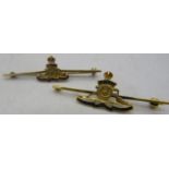 Two 9ct gold & enamelled Royal Artillery 'sweetheart' brooches. Approx weight 6 grams. Condition