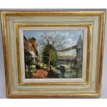 Max Hofler (British, 1892-1963) - 'London river and street scene', oil on card, 17cm x 20cm, quality