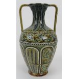 A Doulton Lambeth twin handled stoneware vase, dated 1878. Of Grecian urn form with an ovoid body,