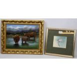 Roger P.B. Gorringe (contemporary) - 'Highland cattle watering', oil on board, signed, labels verso,