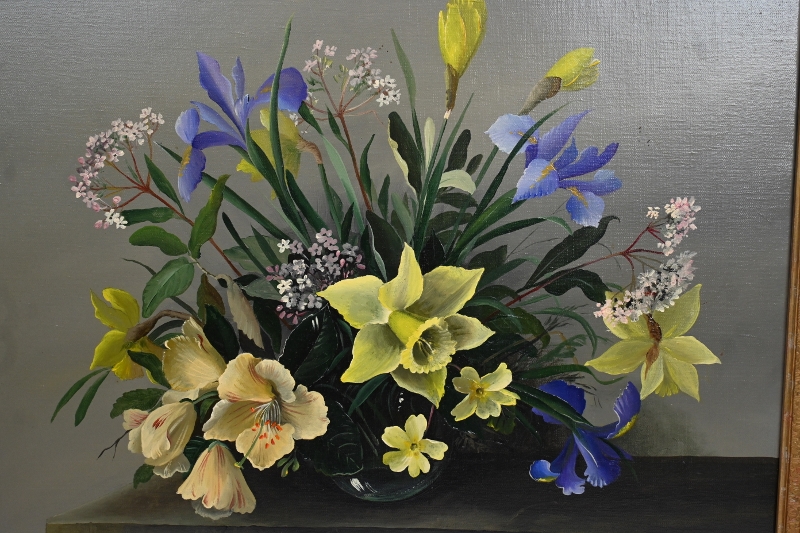 Mary Brown (20th century) - 'Still life vase of flowers on a ledge', oil on canvas, signed, 40cm x - Image 2 of 9
