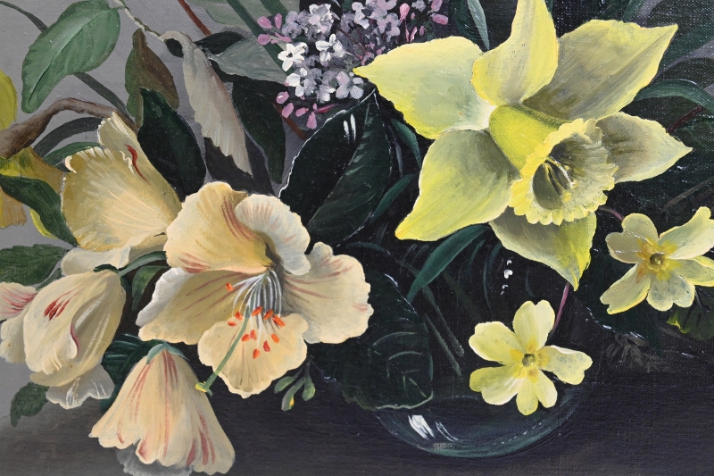 Mary Brown (20th century) - 'Still life vase of flowers on a ledge', oil on canvas, signed, 40cm x - Image 4 of 9