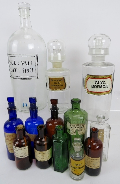 A collection of antique & vintage glass Poison & Medicine bottles. (13 items) Condition report: