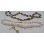 A rose quartz & crystal graduated necklace with 14ct yellow gold ball clasp and a pair of unmarked