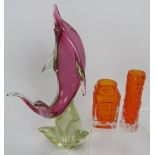A group of three studio glass items, mid 20th century. Comprising a Murano glass sculpture of a