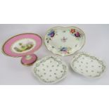 A early 19th century Derby porcelain shaped dish and other items. Derby dish with painted factory