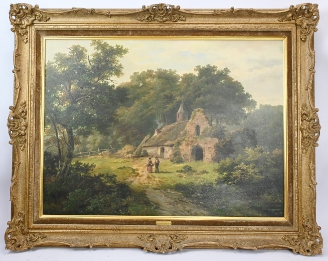 Johannes Hermanus Koekkoek (Dutch, 1840-1902) - 'Figures and rustic woodland dwelling', oil on