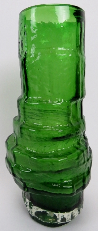 A Whitefriars green glass 'hooped' vase designed by Geoffrey Baxter. Pattern number 9680. 11.4 in (