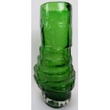 A Whitefriars green glass 'hooped' vase designed by Geoffrey Baxter. Pattern number 9680. 11.4 in (