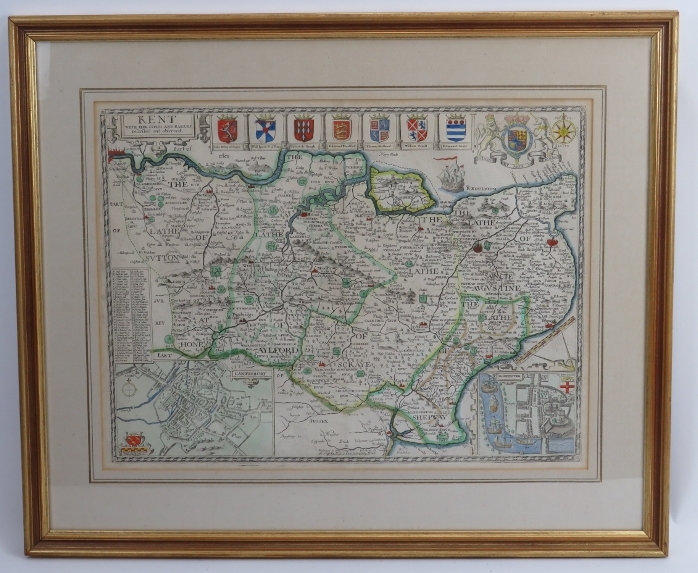 An antique John Speed map of Kent. Hand coloured. Glazed and framed. 15 in (38 cm) x 20 in (51