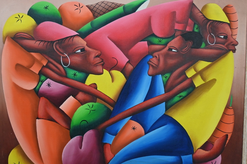 Jean Bruno Louisius (Haiti, b.1952) - 'Figures and Fruits', oil on canvas, signed, 48cm x 58cm, - Image 2 of 5