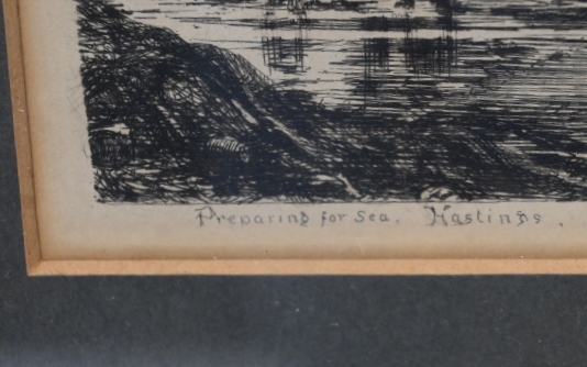 Charles Philip Slocombe (1832 - 1895) - 'Preparing for Sea, Hastings', etching, c. 1879, 15cm x - Image 3 of 6