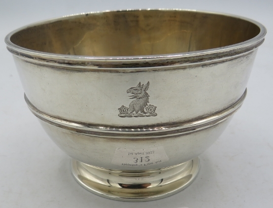 A heavy silver plain bowl sitting on a pedestal foot, London 1934, Goldsmith's & Silversmith's,