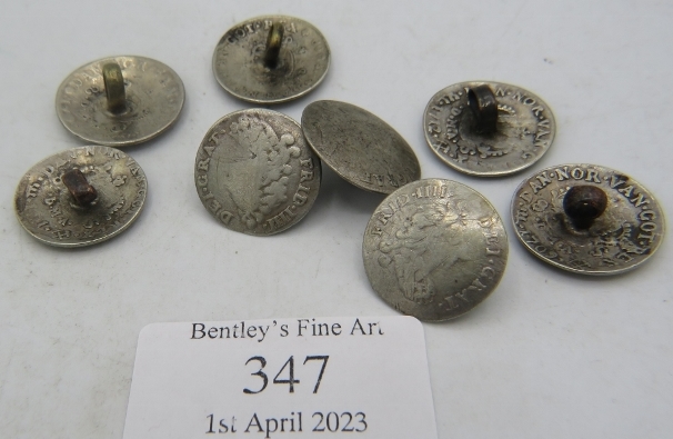 A set of eight silver coins 1700/1712 made into buttons, 'Frid IIII Dei Grat'. Approx weight 21.8