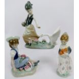 Three Lladro porcelain figures. Comprising a girl with goose, 21 cm height, girl with flowers, 16 cm