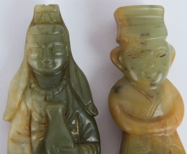 Two Chinese carved celadon and pale celadon striated figures of a Goddess, 8.5cm high, and male - Image 3 of 3